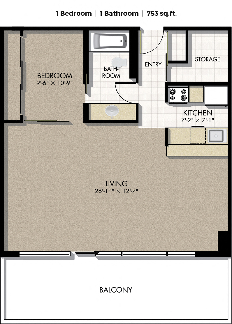 Floor plan for 1 bed, 1 bath, 738 sqft
